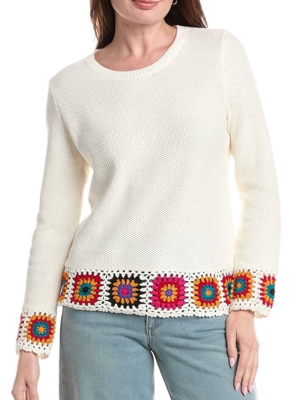 Joseph A. White Multicolor Crochet Granny Square Long Sleeve Sweater